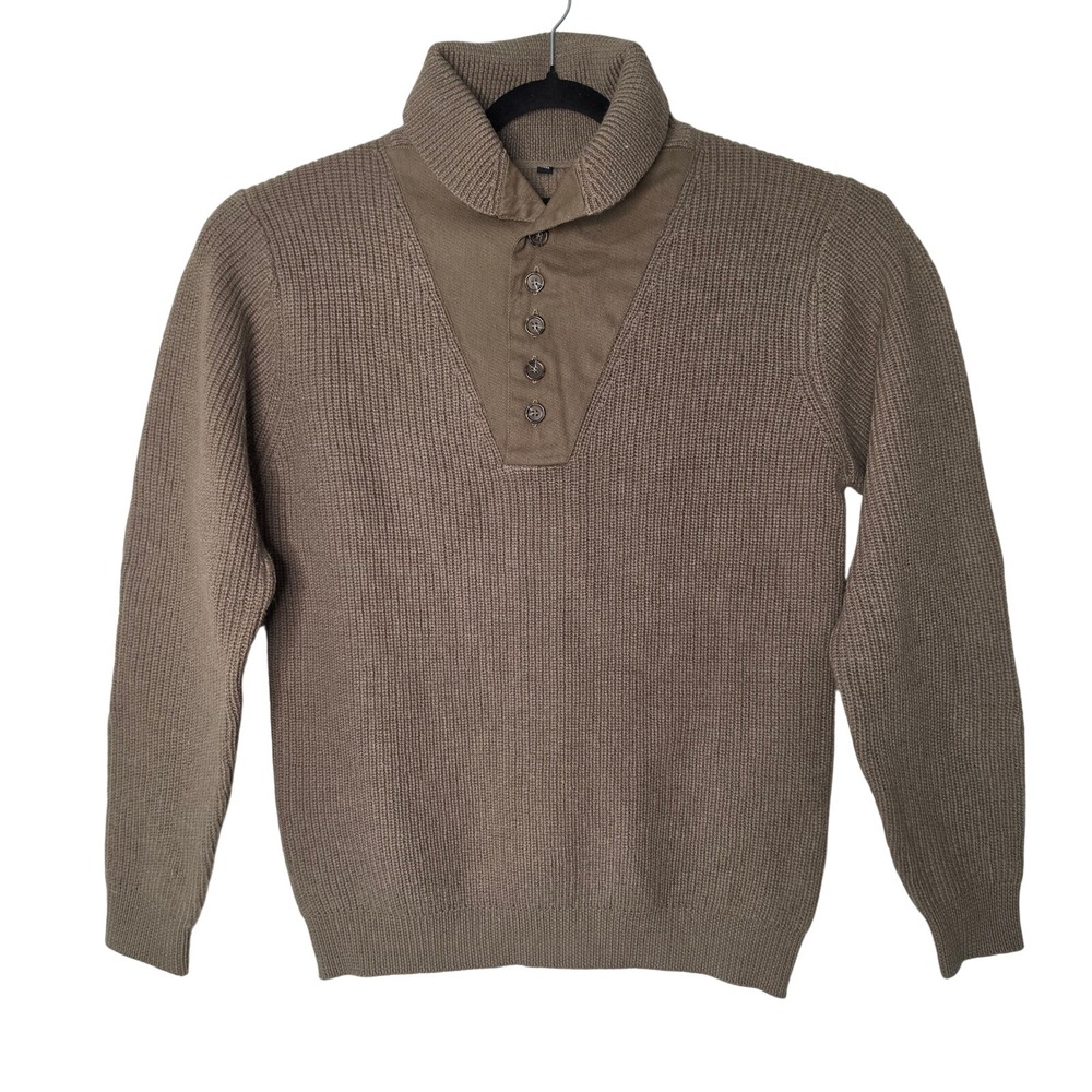 National Geographic Sweater Men L Brown 100% Wool Shawl Button Elbow Patch Money